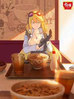 1girl 765_nanami absurdres adjusting_clothes adjusting_gloves black_gloves black_scarf blonde_hair bowl breasts cleavage cup digimon digimon_story:_cyber_sleuth gloves goggles goggles_on_head highres indoors jewelry kuremi_kyouko large_breasts long_hair mayonnaise open_clothes open_shirt pendant photo_inset pov scarf shirt sitting white_shirt