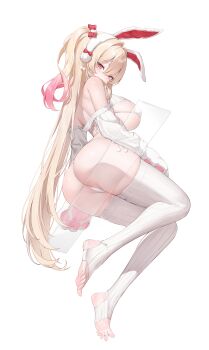 1girl absurdres animal_ear_hairband animal_ears animal_hands ass bikini blonde_hair breasts commentary english_commentary fake_animal_ears feet from_below gloves gradient_hair hair_between_eyes hair_intakes hairband highres keibeam large_breasts long_hair long_sleeves looking_at_viewer looking_down micro_bikini multicolored_hair no_shoes original paw_gloves pink_hair pom_pom_(clothes) rabbit_ear_hairband rabbit_ears red_eyes ribbed_thighhighs side-tie_bikini_bottom simple_background sitting soles solo spread_toes stirrup_legwear string_bikini swimsuit thighhighs thong_bikini toeless_legwear toes transparent_seat two-tone_hair very_long_hair white_background white_bikini white_hairband white_thighhighs