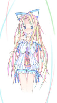 1girl asami_natsuhito bare_shoulders blonde_hair bloomers blue_eyes blue_ribbon collared_jacket cross cross_print disgaea facing_viewer flonne frilled_jacket frilled_sleeves frills hair_ribbon hands_on_own_chest high_collar jacket legs_together long_hair long_sleeves lowres makai_senki_disgaea neck_ribbon nippon_ichi own_hands_together pastel_colors popped_collar print_shirt red_shirt ribbon shirt simple_background sleeve_ribbon sleeveless sleeveless_jacket solo straight_hair very_long_hair white_background white_bloomers white_jacket white_sleeves