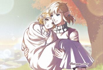 1boy 1girl blonde_hair carrying closed_mouth commentary couple dress english_commentary hair_tie hetero link long_dress low_ponytail medium_hair nintendo outdoors parted_bangs parted_lips pointy_ears ponytail princess_carry princess_zelda ribbed_sweater short_hair sidelocks smile sunrise sweater the_legend_of_zelda the_legend_of_zelda:_tears_of_the_kingdom thick_eyebrows tree turtleneck turtleneck_sweater twitter_username wildstar69