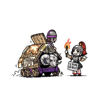 2girls absurdres age_of_empires_(series) age_of_empires_ii armor character_request commentary english_commentary english_text grin helmet highres holding holding_torch kabewski multiple_girls pointing siege_ram_(age_of_empires_2) sign simple_background sitting smile standing teeth torch white_background