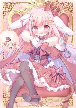 1girl :3 :d animal_ears argyle_clothes argyle_pantyhose blush bow bowtie brown_pantyhose commentary_request crown cuffs dress dress_bow floppy_ears foot_out_of_frame frilled_dress frills hair_bow hanasakichu handcuffs high_heels highres long_hair long_sleeves looking_at_viewer open_mouth original pantyhose pink_hair rabbit_ears rabbit_girl red_bow red_bowtie red_dress red_eyes red_shoes sample_watermark shoes sitting smile solo throne watermark