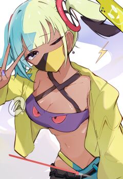 1girl absurdres aqua_hair archi_(aruki) blonde_hair blue_eyes breasts canari_(pokemon) character_hair_ornament character_print cleavage dark-skinned_female dark_skin earrings hair_ornament highres jacket jewelry looking_at_viewer mask medium_breasts mouth_mask multicolored_hair navel nintendo one_eye_closed pants pokemon pokemon_legends:_z-a purple_nails solo split-color_hair twintails v yellow_jacket