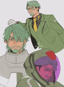 Rule 34 | 1boy, arm up, bags under eyes, beard, black shirt, blue eyes, blue hair, challia bull, closed mouth, collared shirt, commentary request, facial hair, gloves, goatee, green jacket, green vest, gundam, gundam gquuuuuux, helmet, highres, jacket, long sleeves, looking at viewer, male focus, messy hair, military jacket, military uniform, mineuchi isshin, mustache, necktie, shirt, short hair, simple background, upper body, vest, white background, white gloves, yellow necktie