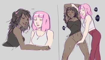 2girls adventure_time black_hair black_top blush bottomless chemise crop_top dark-skinned_female dark_skin english_text face_piercing fingering grey_top highres humanization marceline_abadeer multiple_girls nose_piercing nose_ring pants parted_lips piercing pink_hair pointy_ears princess_bonnibel_bubblegum red_pants spaghetti_strap steemyart sweat trembling_legs yuri