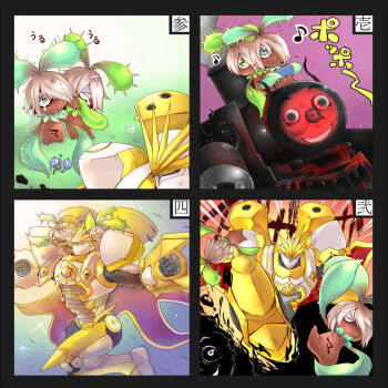 &gt;_&lt; 4koma bandages broken comic constellar_praesepe dekoichi_the_battlechanted_locomotive duel_monster enemy_controller evilswarm_coppelia evilswarm_mandragora closed_eyes gameplay_mechanics grass green_eyes leaf nasuka@hiyokko no_humans spikes tenpester yu-gi-oh! yuu-gi-ou yu-gi-oh!_duel_monsters