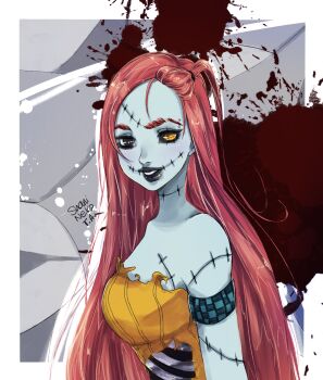 1girl absurdres breasts colored_skin dress formal_clothes highres long_hair patchwork_clothes patchwork_skin pinstripe_pattern pinstripe_suit pinstripe_vest red_hair sally_(nbc) shanineko smile solo stitched_arm stitched_face stitches striped_clothes striped_vest suit the_nightmare_before_christmas vertical-striped_clothes vertical-striped_vest vest