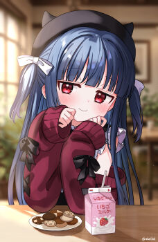 1girl blue_hair blunt_bangs blurry blurry_background blush bow commentary_request cookie depth_of_field eluthel food hair_bow hat highres idolmaster idolmaster_cinderella_girls indoors long_hair long_sleeves looking_at_viewer red_eyes sajo_yukimi shirt sleeves_past_wrists smile solo table two_side_up