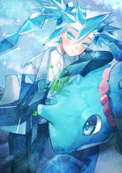 1girl 1other absurdres aqua_hair autumnleavesaki black_jacket blush closed_mouth commentary gen_1_pokemon green_eyes hair_between_eyes hair_ornament hands_on_another&#039;s_head hatsune_miku highres ice_miku_(project_voltage) jacket lapras long_hair long_sleeves looking_at_another looking_at_viewer nintendo official_alternate_costume official_alternate_hairstyle plesiosaur pokemon project_voltage spiked_hair twintails vest vocaloid