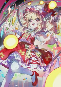 1girl :d absurdres blonde_hair blush crystal_wings double-parted_bangs dress drill_hair fangs flandre_scarlet foot_out_of_frame frilled_dress frills hair_between_eyes hashtag-only_commentary hat hat_ribbon here_(hr_rz_ggg) high_heels highres looking_at_viewer medium_hair mob_cap open_mouth outstretched_arms pantyhose red_dress red_eyes red_ribbon red_shoes ribbon shoes short_sleeves side_ponytail smile solo sparkle standing standing_on_one_leg teeth touhou upper_teeth_only white_hat white_pantyhose wings