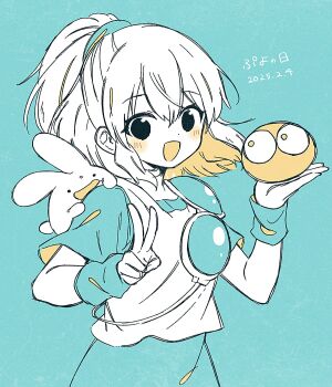 1girl arle_nadja arm_warmers armor black_eyes blue_background blue_theme carbuncle_(puyopuyo) commentary creature creature_on_shoulder hand_up high_ponytail highres holding holding_creature kaxxxxx_324 limited_palette looking_at_another medium_hair on_shoulder open_mouth ponytail puyo_(puyopuyo) puyopuyo shirt short_ponytail single_shoulder_pad skirt smile tank_top upper_body v yellow_eyes