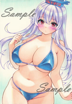 1girl alternate_costume bikini blue_bikini blue_hat blush breasts closed_mouth commentary_request grey_hair groin halterneck hat huge_breasts kamishirasawa_keine long_hair looking_at_viewer miyakooo0420 navel red_eyes sample_watermark solo stomach swimsuit touhou traditional_media very_long_hair watermark