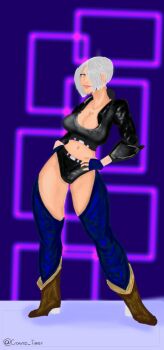 1girl angel_(kof) blue_eyes boots breasts cronno_timer female_focus jacket large_breasts leather pale_skin panties short_hair standing the_king_of_fighters thick_thighs thighs underwear white_hair wide_hips