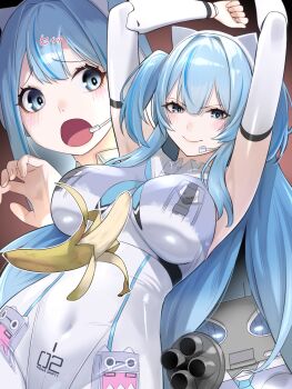 Rule 34 | 2girls, absurdres, animal ear headphones, animal ears, banana, blue eyes, blue hair, bodypaint, bodysuit, breasts, cat ear headphones, cat ears, covered navel, detached sleeves, fake animal ears, food, fruit, fune (fune83ojj), goddess of victory: nikke, headphones, headset, highres, large breasts, long hair, mecha shifty (nikke), mekami shifty (nikke), multiple girls, number print, robot, shifty (nikke), short twintails, sidelocks, twintails, very long hair