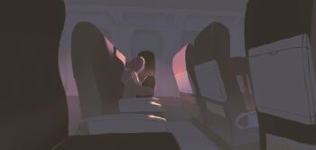 1girl airplane_interior artist_self-insert bag black_bag brown_hair chair chuwenjie commentary english_commentary from_side hair_bun highres holding holding_bag hood hood_down hoodie indoors long_sleeves looking_outside ocean original puffy_long_sleeves puffy_sleeves short_hair single_hair_bun solo sunset upper_body yellow_hoodie