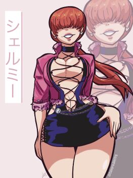 1girl breasts curvy dress female_focus heart huge_breasts large_breasts long_sleeves pale_skin ponytail red_hair senpaijessy shermie_(kof) skirt smile standing the_king_of_fighters thick_thighs thighs twintails