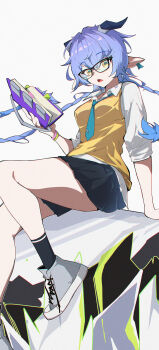 1girl accessories alternate_costume animal_ears black_skirt black_socks blue_hair blue_horns blue_necktie book bracelet braid collarbone commentary earrings english_commentary glasses goat_ears goat_girl goat_horns grey_shoes hair_between_eyes highres holding holding_book horizontal_pupils horns jewelry long_hair looking_at_viewer lucia_elowen necktie open_mouth pointy_ears postalworks shirt shoes simple_background sitting skirt sleeveless sleeveless_sweater sleeves_rolled_up sneakers socks solo sweater twin_braids white_background white_shirt yellow_eyes yellow_sweater zenless_zone_zero