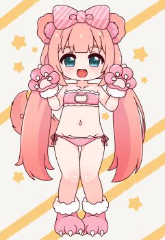 1girl 2kaze :d animal_ears animal_hands bow chromu clothing_cutout fang full_body gloves hair_bow highres indie_virtual_youtuber long_hair looking_at_viewer navel open_mouth paw_gloves paw_shoes pink_bow smile solo tail twintails very_long_hair virtual_youtuber