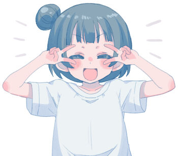 1girl aged_down blue_hair blunt_bangs blush child commentary cream_(nipakupa) dark_blue_hair facing_viewer hair_bun love_live! love_live!_sunshine!! notice_lines open_mouth shirt short_hair short_sleeves simple_background single_side_bun smile solo t-shirt tsushima_yoshiko upper_body v v_over_eye white_background white_shirt