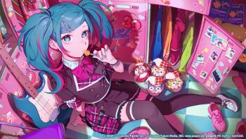 1girl 39 absurdly_detailed_composition absurdres apple_pie argyle_clothes argyle_hat arm_at_side arm_support bandaid beamed_eighth_notes black_thighhighs blue_eyes blue_hair blue_nails blue_sweater bowl box bracelet bubble_tea buttons candy chair checkered_floor closed_mouth clothes_hanger clownfish collared_shirt colored_tips colorful commentary_request diagonal-striped_clothes diagonal-striped_necktie diagonal-striped_ribbon double-breasted drawing_(object) drink drinking_straw duct_tape egg eighth_note electric_guitar expressionless eyelashes eyepatch fangs fender_stratocaster fingernails fish fisheye flat_chest floor folding_chair food foot_out_of_frame frilled_cuffs frilled_skirt frilled_sleeves frills from_above fruit gem_(symbol) gold_trim green_jacket group_name guest_art guitar gummy_bear hand_up hat hatsune_miku heart heart_eyepatch highres hinomori_shiho holding holding_candy holding_food holding_lollipop holding_plectrum hood hood_down hooded_jacket horns hoshino_ichika_(project_sekai) indoors instrument jacket jester_cap jewelry knees_together_feet_apart kotatiyu lapels layered_skirt leo/need_(project_sekai) leo/need_miku letterman_jacket loaded_interior locker lollipop long_hair looking_at_viewer looking_up miku_day moccasins mochizuki_honami monster multicolored_hair musical_note neck_ribbon neck_ruff necktie noodles official_art on_ground origami paper paper_crane phenny_(project_sekai) pie pie_slice pill pink_eyes pink_ribbon pink_shoes pink_skirt pink_theme pink_wings plaid_clothes plaid_lapels plaid_skirt plaid_wrist_cuffs plectrum polka_dot polka_dot_ribbon pom_pom_(clothes) project_sekai purple_ribbon ramen red_jacket red_necktie red_ribbon ribbon rubber_duck safety_pin safety_pin_hair_ornament shadow shirt shoelaces shoes shooting_star short_sleeves sidelocks sign single_horizontal_stripe single_wrist_cuff sitting skirt sneakers solo sparkle star_(symbol) sticker strawberry strawberry_milk streaked_hair striped_clothes striped_necktie striped_ribbon studded_bracelet stuffed_animal stuffed_dog stuffed_phoenix stuffed_toy sweater swept_bangs tenma_saki thighhighs third_eye triple_horizontal_stripe twintails two-tone_hair two-tone_headwear two-tone_skirt umbrella vocaloid white_shirt white_shoes wing_collar wings wrist_cuffs yakisobapan yellow_jacket zettai_ryouiki