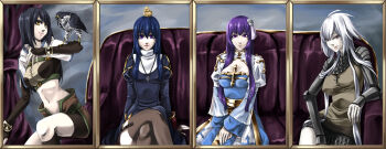 4girls ahoge animal animal_on_arm animal_on_head arch_bishop_(ragnarok_online) armor baby_animal bird bird_on_arm bird_on_head black_hair blue_dress blue_hair border breasts brown_border brown_dress brown_gloves brown_shirt brown_shorts brown_skirt brown_thighhighs chainmail chick cleavage cleavage_cutout closed_mouth clothing_cutout commentary_request couch cowboy_shot crop_top cropped_jacket cross cross_necklace crossed_legs curtains dress elbow_gloves falcon feet_out_of_frame fingerless_gloves flower garter_straps gloves hair_flower hair_ornament hunter_(ragnarok_online) indoors jacket jewelry juliet_sleeves knight_(ragnarok_online) large_breasts lips long_hair long_sleeves looking_at_viewer medium_breasts midriff miniskirt multiple_girls navel necklace on_couch on_head pauldrons pink_eyes priest_(ragnarok_online) puffy_sleeves purple_eyes purple_hair ragnarok_online red_eyes rose sash shirt short_sleeves shorts shorts_under_skirt shoulder_armor side_slit sidelocks sitting skirt smile thighhighs toriria two-tone_dress vambraces very_long_hair white_dress white_flower white_hair white_jacket white_rose white_thighhighs yellow_eyes yellow_sash