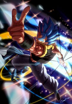 Rule 34 | 1boy, black background, black vest, blue eyes, blue hair, blue sash, clenched hand, cropped vest, dragon ball, dragon ball super, dragon ball super broly, full body, gekiroo, gogeta, gowing, highres, male focus, medium hair, metamoran vest, muscular, muscular male, no shirt, pants, sash, solo, spiked hair, super saiyan, super saiyan blue, vest, white pants