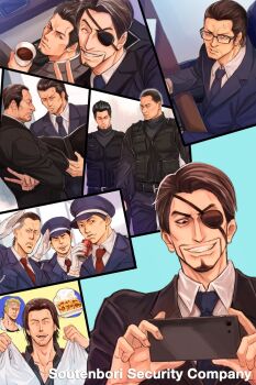 Rule 34 | akiyama shun, aomi nekosuki, beard, black eyes, black hair, black jacket, black necktie, black pants, black shirt, black suit, blonde hair, buzz cut, character request, coat, coffee, collared shirt, cup, disposable cup, dojima daigo, eyepatch, facial hair, food, formal clothes, gloves, goatee, goda ryuji, hair slicked back, highres, holding, holding cup, jacket, jewelry, kiryu kazuma, long sleeves, looking at viewer, majima goro, male focus, manly, mature male, minami daisaku, multiple boys, necklace, necktie, one-eyed, open clothes, open mouth, pants, piercing, pinstripe pattern, pinstripe suit, red jacket, red suit, ryuu ga gotoku (series), ryuu ga gotoku 4, saejima taiga, scar, security guard, shaved head, shirt, short hair, sideburns, smile, soul patch, striped suit, stubble, suit, takoyaki, upper body, very short hair