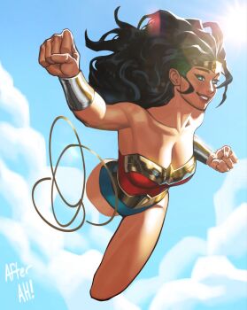Rule 34 | 1girl, amazon warrior, bare legs, bare shoulders, black hair, blue eyes, bracer, breasts, cleavage, clenched hands, cloud, collarbone, day, dc comics, floating hair, flying, full body, gold bracer, gold tiara, grin, highres, justfrantic, large breasts, lasso, lasso of truth, legs, leotard, long hair, looking at viewer, outdoors, sky, smile, solo, strapless, strapless leotard, superhero costume, tiara, wonder woman, wonder woman (series)