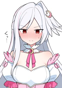 1girl absurdres bare_shoulders blue_archive blush bow closed_mouth detached_sleeves head_wings highres long_hair looking_at_viewer nyanzai-sensei pink_bow red_eyes short_sleeves simple_background single_head_wing sleeve_bow solo suzumi_(blue_archive) suzumi_(magical)_(blue_archive) upper_body white_background white_hair wings