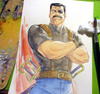 1boy agahari art_brush art_tools_in_frame belt belt_buckle black_hair black_shirt blue_eyes blue_pants brown_belt brown_gloves buckle closed_mouth commentary_request cowboy_shot crossed_arms eyepatch facial_hair fullmetal_alchemist gloves king_bradley male_focus mature_male multiple_swords muscular muscular_male mustache paintbrush painting_(medium) pants photo_(medium) sheath sheathed shirt solo standing sword tight_clothes tight_shirt traditional_media weapon