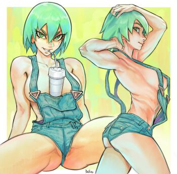 1girl armpits arms_up border breasts cowboy_shot cup debirudude drinking_straw foo_fighters_(jojo) green_hair hair_between_eyes highres jojo_no_kimyou_na_bouken large_breasts looking_at_viewer medium_breasts micro_shorts multiple_views naked_overalls object_on_breast overall_shorts overalls parted_lips profile revealing_clothes short_hair shorts sideboob signature smile spread_legs stone_ocean suspenders tawawa_challenge white_border yellow_background
