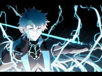 Rule 34 | 0nodera, 1boy, blue eyes, commentary request, earrings, electricity, evil grin, evil smile, grey background, grin, hair between eyes, holding, holding sword, holding weapon, jewelry, letterboxed, looking at viewer, male focus, n-innocence, outstretched arm, ponytail, short hair, smile, solo, sword, takemikazuchi (n-innocence), upper body, weapon