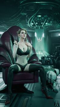 3d absurdres alcohol animal_ears asymmetrical_hair black_bra black_panties blonde_hair bra bracelet breasts buttons chair cleavage cup drinking_glass eyeshadow femdom final_fantasy final_fantasy_vii final_fantasy_vii_remake high_heels highres human_furniture indoors jewelry large_breasts leguymelef lipstick makeup mascara nail_polish necklace panties purple_eyeshadow red_footwear red_nails scarlet_(ff7) sitting smile soldier spread_legs thighhighs underwear watermark wine wine_glass