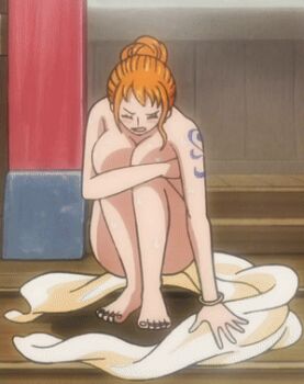 1girl animated animated_gif arm_tattoo breast_press breasts cleavage covering_breasts covering_privates large_breasts lowres naked_towel nami_(one_piece) one_piece orange_hair squatting tattoo towel