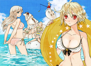 3boys 3girls alternate_costume ass bad_id bikini blonde_hair blue_eyes blue_sky braid breasts bun_with_braided_base cecil_damon cleavage closed_mouth cloud commentary_request eremes_guile expressionless howard_alt-eisen innertube kathryne_keyron kraken_(ragnarok_online) lala_(sputnik) large_breasts long_hair looking_at_viewer looking_back margaretha_sorin multiple_boys multiple_girls ocean pink_bikini ragnarok_online red_eyes seyren_windsor short_hair sky smile squid swim_ring swimsuit upper_body water