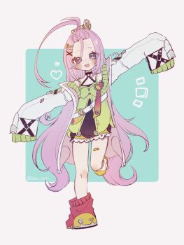 1girl :d ahoge aino_(genshin_impact) arm_up bandaid_on_thigh bangs_pinned_back blue_eyes broken_heart broken_heart_hair_ornament coat dress full_body genshin_impact green_dress green_slippers grey_background hair_between_eyes heart highres leg_up long_hair looking_at_viewer loose_socks mismatched_socks open_mouth outstretched_arms pink_hair red_socks screw_hair_ornament senkichi_(sen_kchi) sleeves_past_fingers sleeves_past_wrists slippers smile socks solo spread_arms square standing standing_on_one_leg very_long_sleeves white_coat white_socks