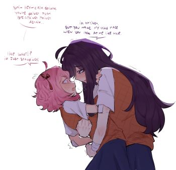 Rule 34 | 2girls, blue skirt, blush, commentary, doki doki literature club, english text, eye contact, fang, hair ribbon, hashtag-only commentary, highres, hug, long hair, looking at another, medium hair, multiple girls, natsuki (doki doki literature club), open mouth, orange sweater vest, pink eyes, pink hair, pleated skirt, pockiseisont, purple eyes, purple hair, red ribbon, ribbon, self-harm scar, shirt, simple background, skirt, speech bubble, sweater vest, two side up, white background, white shirt, yuri, yuri (doki doki literature club)