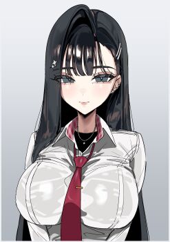 1girl absurdres black_eyes black_hair black_shirt blunt_bangs breasts collared_shirt commentary earrings hair_ornament hairclip highres jewelry large_breasts long_hair necklace necktie original pazzimo red_necktie shirt white_shirt