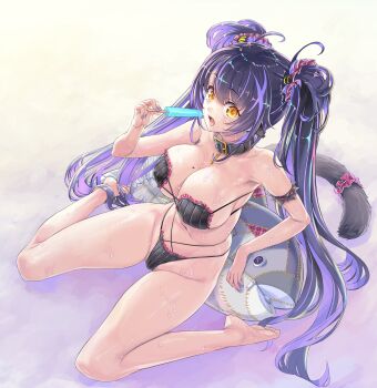 1girl aqua_hair barefoot bikini black_bikini black_hair breasts brown_eyes cleavage feet food gradient_background hair_ribbon highres holding holding_food holding_popsicle kiyama_satoshi kuroike_momimi large_breasts long_hair looking_at_viewer mole mole_on_breast multicolored_hair navel open_mouth original pink_hair popsicle purple_hair ribbon simple_background sitting solo stuffed_animal stuffed_fish stuffed_toy swimsuit tail tail_scrunchie thighs toes twintails variant_set very_long_hair virtual_youtuber wariza