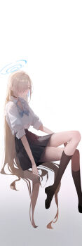 1girl absurdres asuna_(blue_archive) asuna_(school_uniform)_(blue_archive) black_choker black_shoes black_skirt black_socks blonde_hair blue_archive blue_bow blue_bowtie blue_halo blue_nails bow bowtie choker commentary english_commentary film_grain from_side full_body gradient_background hair_over_one_eye halo highres invisible_chair kennyupa kneehighs long_hair looking_at_viewer looking_to_the_side official_alternate_costume one_eye_covered school_uniform shirt shirt_tucked_in shoes sitting skirt sleeves_rolled_up smile socks solo three-quarter_sleeves very_long_hair white_shirt