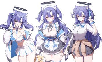 1girl absurdres alternate_costume animal_ear_fluff animal_ears apron belt black_belt black_dress black_halo black_ribbon blue_archive blue_bow blue_bowtie blue_eyes blue_nails blue_scrunchie blue_shirt blue_skirt blue_strap blush bow bowtie breasts brown_cardigan cardigan cardigan_around_waist cat_ears cat_tail cleavage cleavage_cutout clothes_around_waist clothing_cutout collared_shirt commentary_request cowboy_shot cropped_shirt dress embarrassed fingernails frilled_dress frills hair_bow hair_bun hair_ribbon halo highres jacket jacket_partially_removed large_breasts long_fingernails long_hair long_sleeves looking_at_viewer maid maid_apron maid_headdress mechanical_halo multiple_views neck_ribbon one_eye_closed open_mouth pleated_skirt purple_hair red_pupils ribbon scrunchie shirt simple_background single_side_bun single_thighhigh skirt standing star_(symbol) sticker sticker_on_face sweatdrop tail taiyaki12 thigh_belt thigh_strap thighhighs twintails two-tone_bow two-tone_bowtie two-tone_shirt two_side_up v white_background white_bow white_bowtie white_jacket white_shirt white_skirt white_thighhighs wrist_scrunchie yuuka_(blue_archive)