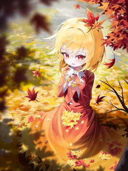Rule 34 | 1girl, absurdres, aki shizuha, autumn, autumn leaves, blonde hair, blurry, blurry foreground, blush, branch, breast pocket, breasts, buttons, collared shirt, commentary request, day, full body, hair between eyes, hair ornament, hands up, highres, holding, holding leash, leaf, leash, long skirt, long sleeves, looking at viewer, maple leaf, maple leaf hair ornament, medium breasts, open mouth, orange skirt, outdoors, pocket, red eyes, red shirt, red skirt, river, sana (sanapri11), shadow, shirt, short hair, skirt, skirt set, solo, standing, touhou, tree, two-tone skirt, white shirt, wide sleeves