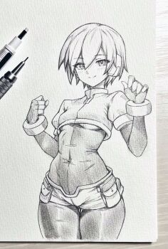 1girl aile_(mega_man_zx) arms_up art_tools_in_frame bodysuit breasts closed_mouth commentary_request covered_navel eyelashes graphite_(medium) greyscale hair_between_eyes highres looking_at_viewer mega_man_(series) mega_man_zx monochrome photo_(medium) pouch seishun_dendeke short_hair short_shorts shorts smile solo standing traditional_media