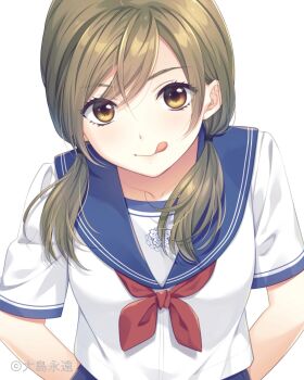 1girl :q blue_sailor_collar brown_eyes brown_hair closed_mouth copyright_notice hair_over_shoulder highres long_hair looking_at_viewer neckerchief ooshima_towa original parted_bangs red_neckerchief sailor_collar sailor_shirt school_uniform serafuku shirt short_sleeves simple_background solo tongue tongue_out upper_body watermark white_background