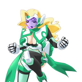 Rule 34 | 1girl, armor, blonde hair, breasts, cleavage, clenched hands, face shield, game cg, gan-chan (artist), helmet, hitozuma sentai aisaiger, large breasts, large variant set, long hair, magical girl, mecha musume, non-web source, official art, open mouth, purple eyes, saiger lily, solo, sophie andrea yukitou, thighhighs, transparent background, variant set