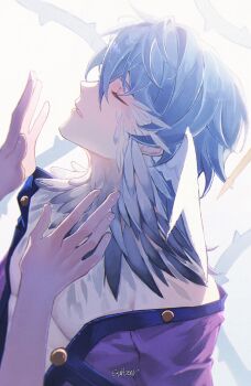 1boy 1other artist_name blue_hair closed_eyes closed_mouth commentary feathers head_wings highres honkai:_star_rail honkai_(series) male_focus medium_hair moonya parted_lips simple_background solo_focus sunday_(honkai:_star_rail) teeth white_background wings