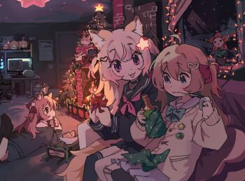 3girls :3 ahoge animal_ears annytf asymmetrical_legwear bandaid bandaid_on_knee bandaid_on_leg bat_wings black_cardigan black_sailor_collar black_serafuku black_skirt black_socks black_thighhighs blue_eyes blue_sailor_collar blush_stickers bow bowtie box brown_hair cable cardboard_box cardigan cat_ears christmas_lights christmas_tree closed_mouth computer computer_tower cookie couch curtains dress_shirt eating evil_neuro-sama fang fireplace flower food fox_ears fox_girl fox_tail frog_hat fumo_(doll) gift_wrapping hair_between_eyes hair_ornament head_wings heart heart_hair_ornament highres holding holding_cookie holding_food indie_virtual_youtuber indoors kuromi legs_up long_hair long_sleeves lying miniskirt monitor multiple_girls neuro-sama neuro-sama_(dog) night no_shoes non-humanoid_robot on_floor on_stomach onegai_my_melody open_mouth pasharuu pink_bow pink_bowtie pleated_skirt purple_eyes red_bow red_eyes robot robot_animal robot_dog sailor_collar sanrio school_uniform serafuku shirt siblings single_sock single_thighhigh sitting skirt slice_of_life snowing socks stuffed_animal stuffed_toy table tail tape thighhighs third-party_source trash_can turtle twins two_side_up uneven_legwear vedal987 virtual_youtuber white_shirt wide_sleeves window wings