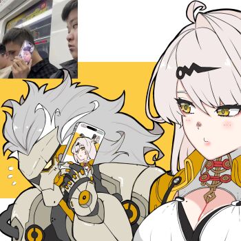 1boy 2girls banyue_(zenless_zone_zero) battery_indicator black_hair braid breasts cellphone claws cleavage commentary_request dialyn_(zenless_zone_zero) grey_hair hair_ornament highres holding holding_phone humanoid_robot long_hair looking_at_phone mechanical_hands multicolored_hair multiple_girls phone photo_inset real_life_insert reference_inset robot robot_boy smartphone split-color_hair user_interface video_call webcam white_hair yellow_eyes yixuan_(zenless_zone_zero) zenless_zone_zero zzz_love_zzz