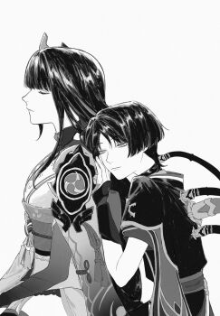 Rule 34 | 1boy, 1girl, behind another, blunt bangs, braid, closed eyes, closed mouth, from side, genshin impact, hair between eyes, hair ornament, hand on another's back, head on another's back, highres, japanese clothes, long hair, looking to the side, mitsudomoe (shape), monochrome, mother and son, raiden shogun, scaramouche (genshin impact), short hair, short sleeves, simple background, single braid, sitting, te1081, thighs, tomoe (symbol), white background