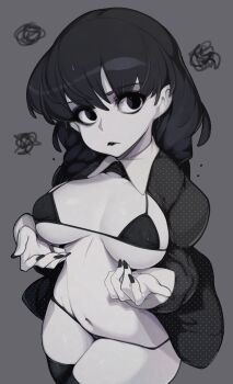 1girl absurdres the_addams_family bikini black_bikini black_eyes black_hair black_lips black_nails black_thighhighs braid breasts closed_mouth colored_skin cowboy_shot dress fingernails grey_background hands_up highres large_breasts lipstick long_hair long_sleeves looking_at_viewer makeup micro_bikini nail_polish navel open_clothes open_dress polka_dot polka_dot_dress simple_background slugbox solo squiggle standing swimsuit thighhighs twin_braids unmoving_pattern wednesday_addams white_skin